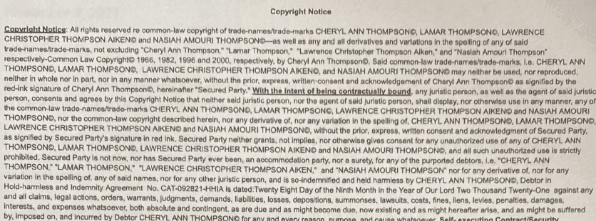 International Constructive Public Notice of Common Law Domus Copyright for Cheryl Ann Thompson, kindred, and progeny