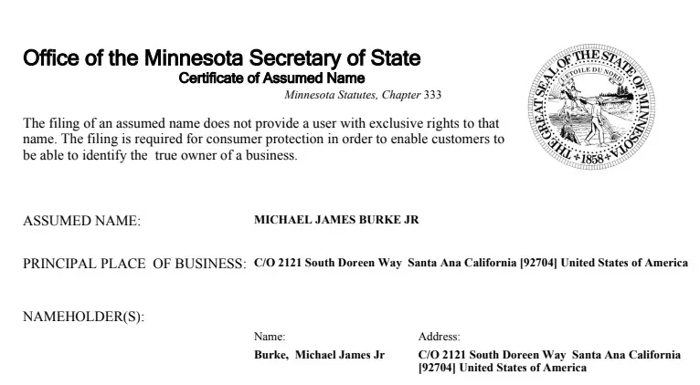 23-0321918: Michael James Burke Jr. Notice of Assumed Name. All Rights Expressly Reserved and Retained.