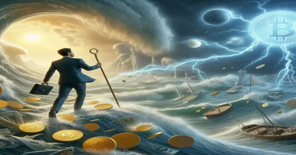 Crypto Chaos Or Legal Clarity Navigating The Regulatory Storm Image 02: A Cryptocurrency God walking into a financial storm as if he were going for a walk in the park.