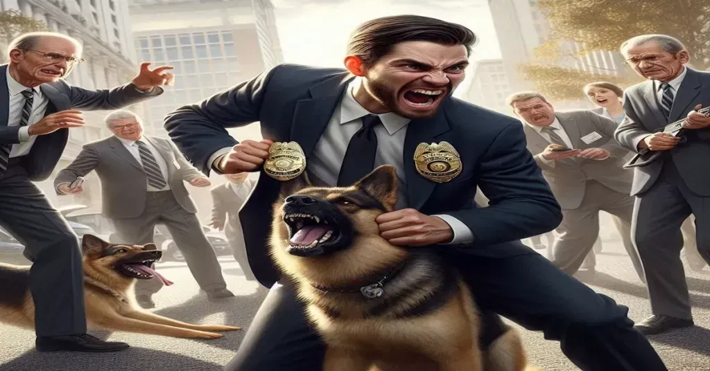 The Legal Truth Why Police Dogs Can Never Be Law Enforcement Officers Image 05: Human officer holding back his K-9 police dog partner from attacking citizens