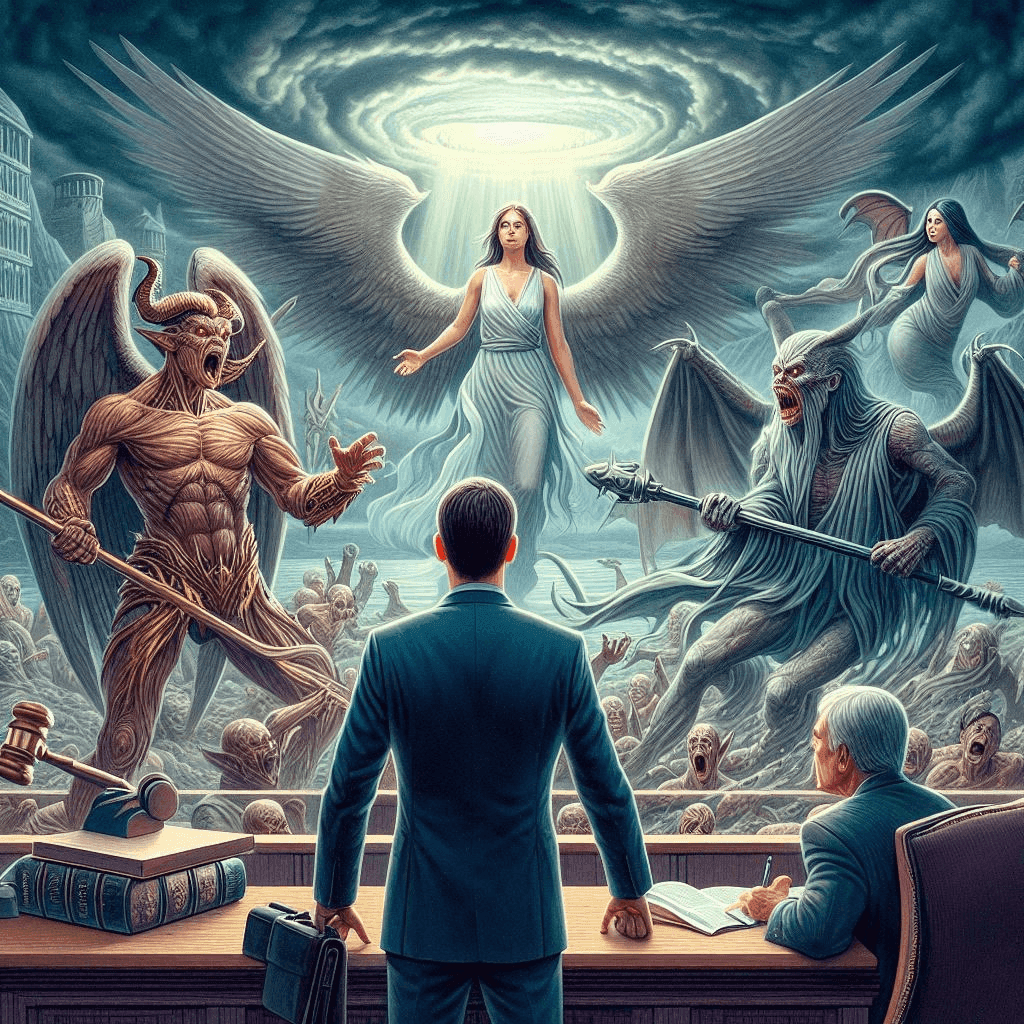 Image of man, defending his assets in divorce court, willing to face divine wrath for what is his.