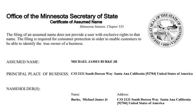 23-0321918: Michael James Burke Jr. Notice of Assumed Name. All Rights Expressly Reserved and Retained.