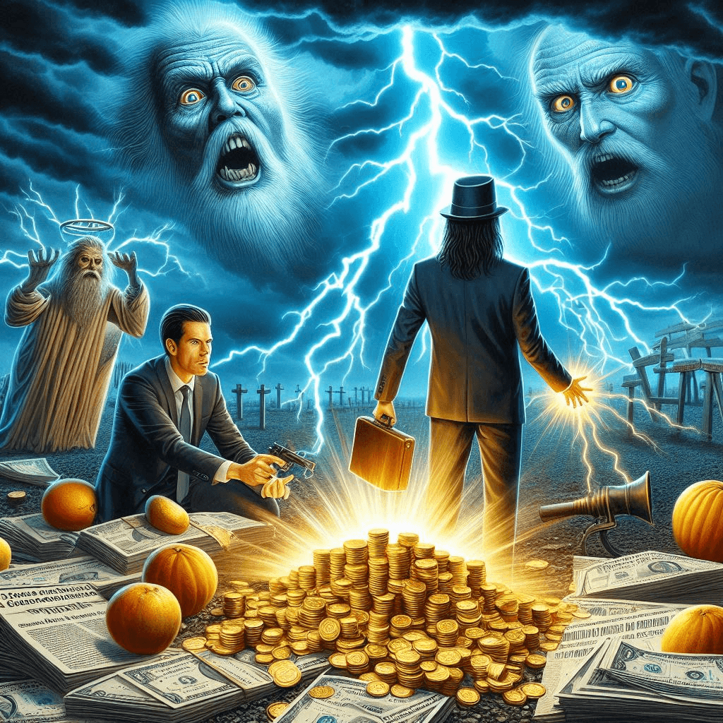 Image of man standing in the valley of death, STILL protecting his assets after suffering the fate of his motto: "Over my dead body!"