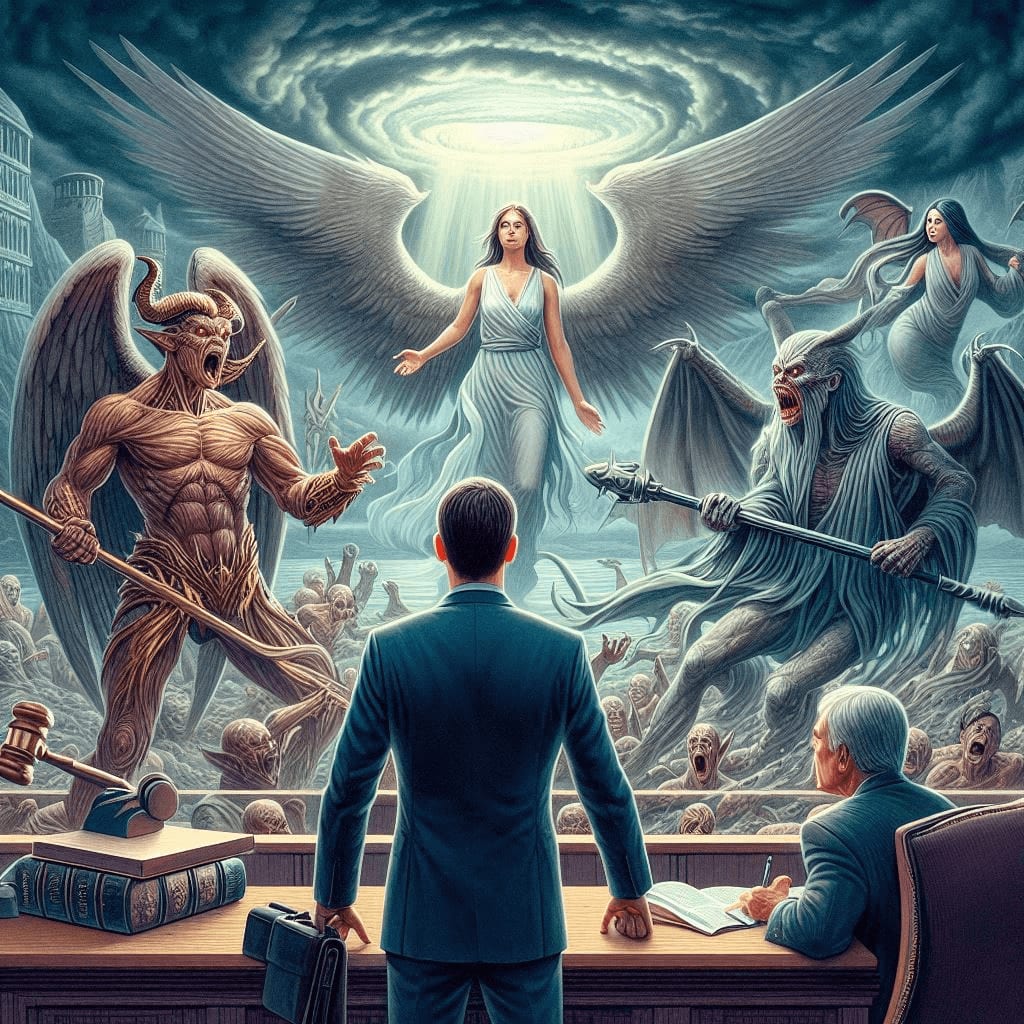 Image of man, defending his assets in divorce court, willing to face divine wrath for what is his.