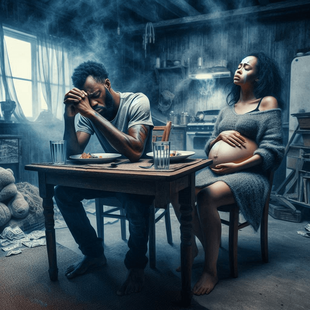 Image of man praying while sitting next to his pregnant wife, praying after being on hard times for the last 7 months after the husband was wrongfully terminated from his place of employment.
